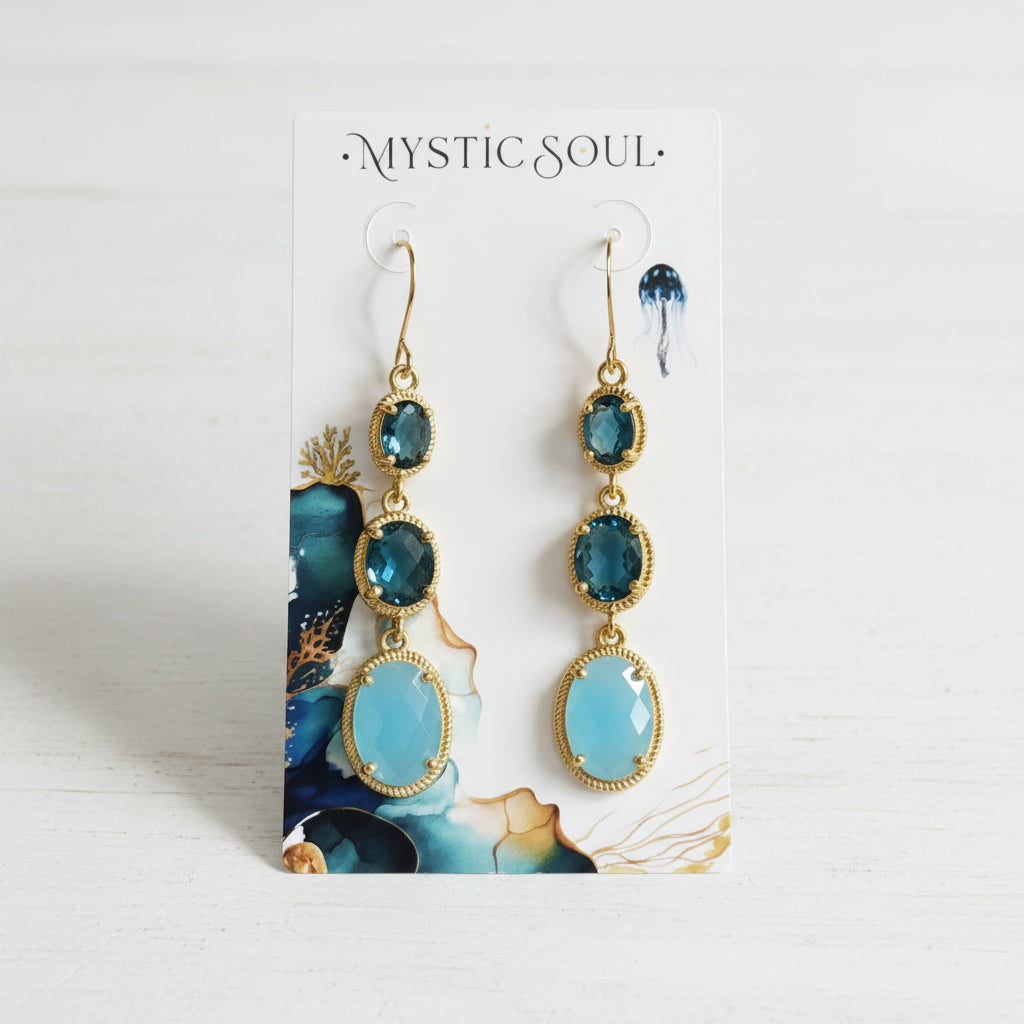 Blue chalcedony and Swiss blue topaz drop earrings on a Mystic Soul Jewelry card