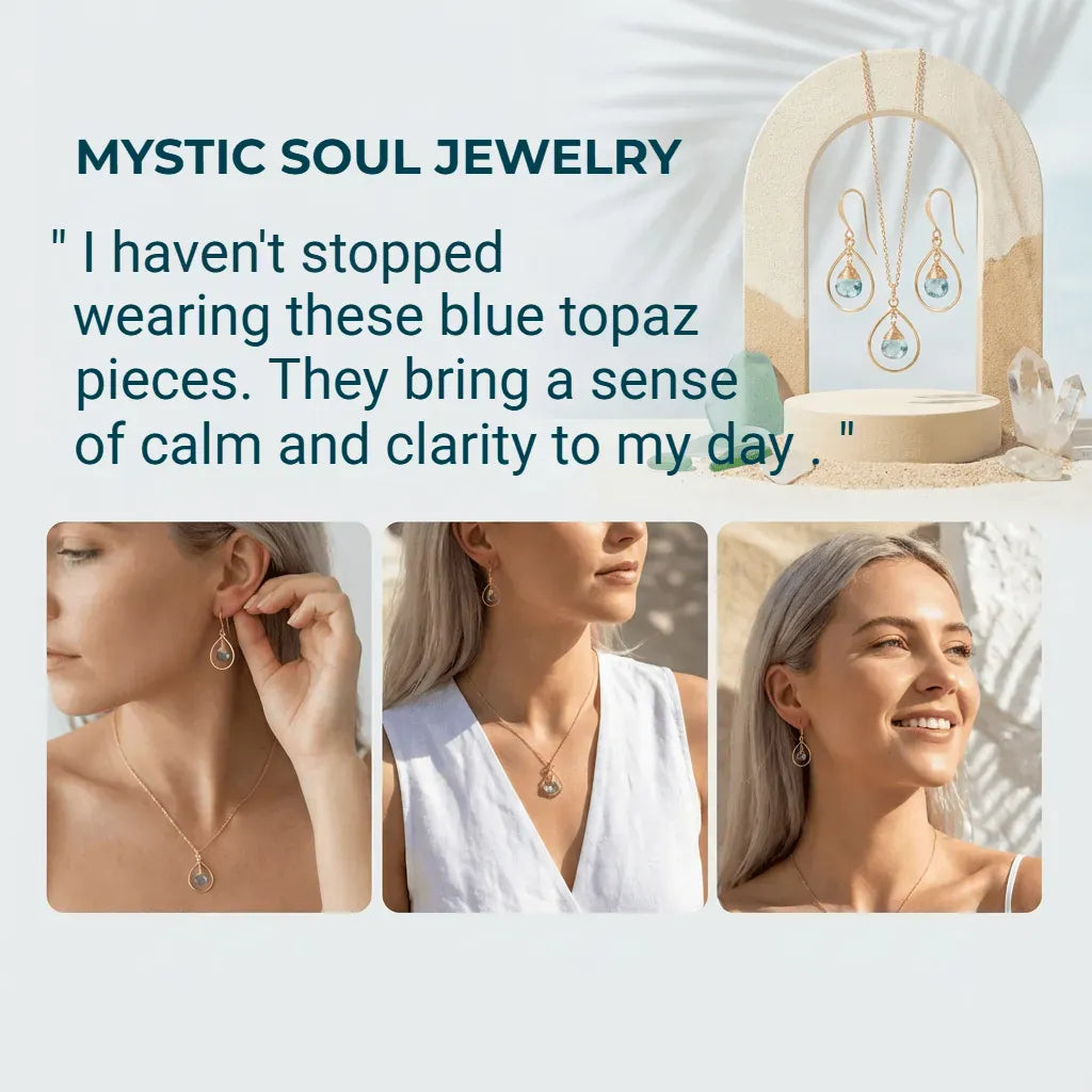 Mystic Soul Jewelry advertisement with blue topaz pieces, including earrings and a necklace, worn by a woman.