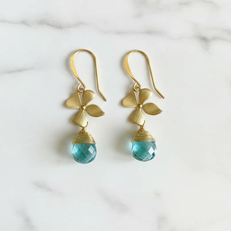 gold blue topaz orchid drop earrings with faceted stones — one-of-a-kind crystal jewelry for calm