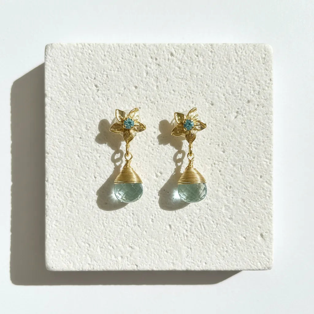 gold blue topaz and green orchid stud drop earrings — one-of-a-kind crystal jewelry for calm