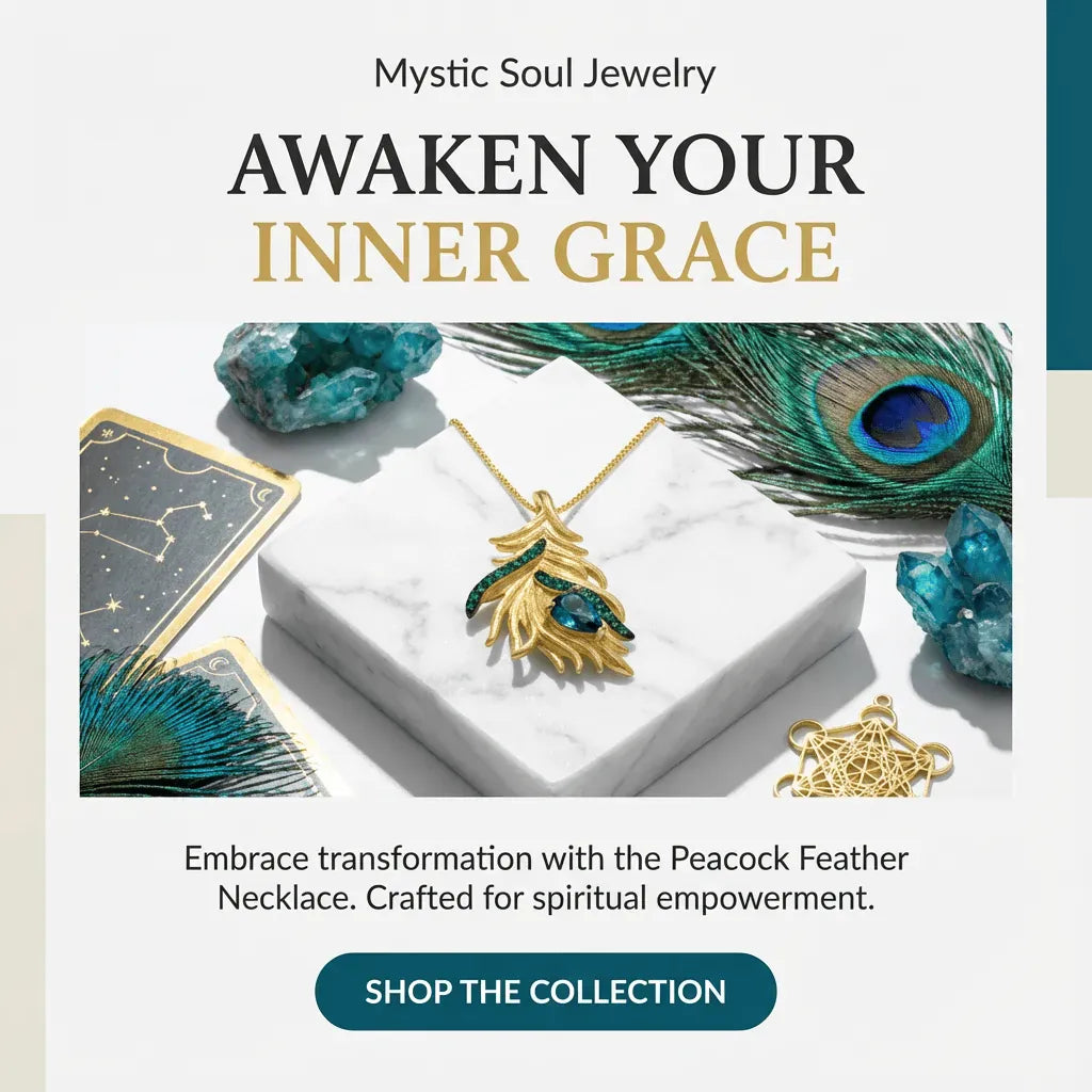 Mystic Soul Jewelry advertisement with peacock feather necklace, crystals, and peacock feather on a white background.