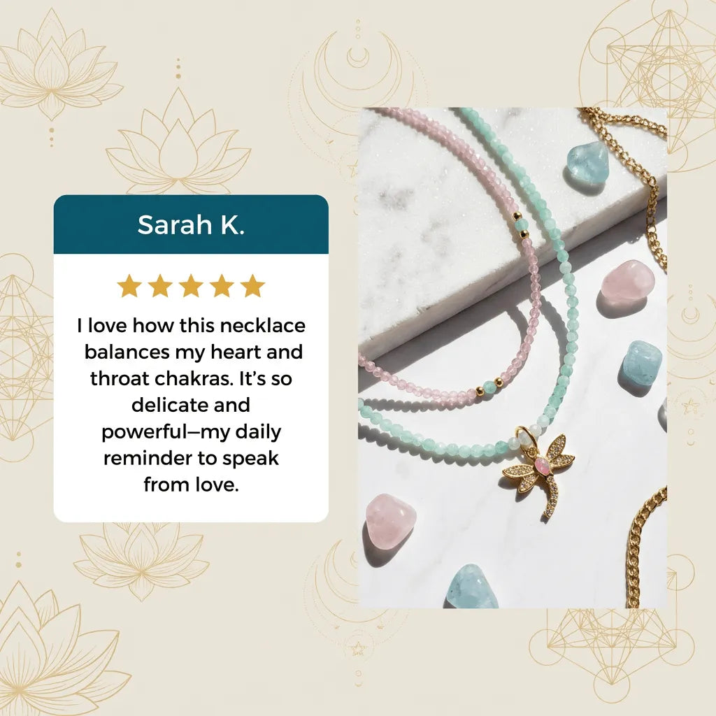 Necklace with a starfish charm on a marble surface with decorative elements, featuring a customer review.