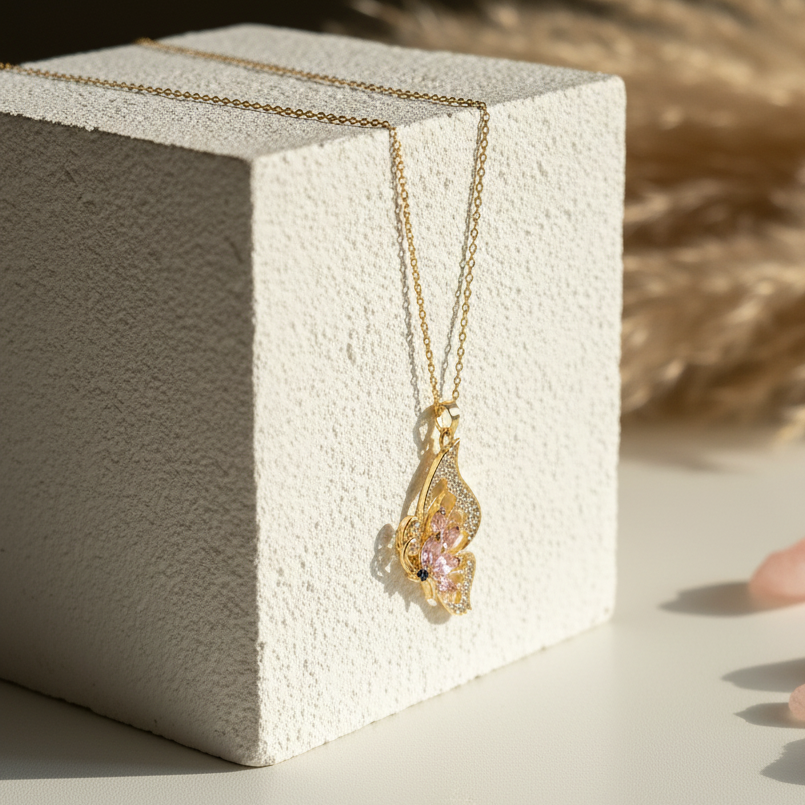 Pink and clear glass butterfly in flight necklace — spirit animal jewelry for transformation