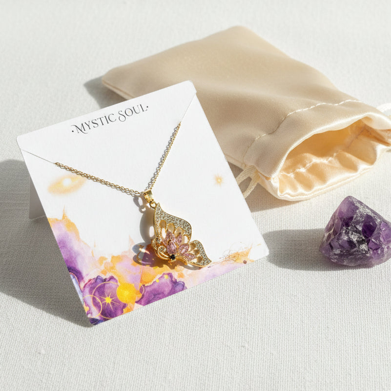 Butterfly in flight pendant with pink and clear glass wings — 40 mm statement necklace