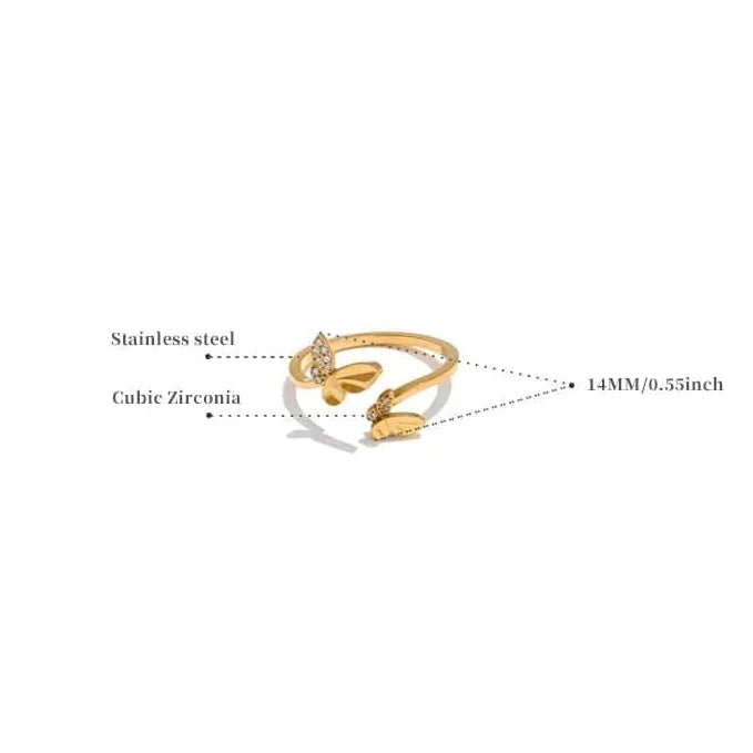Gold ring with text detailing material and size on a white background
