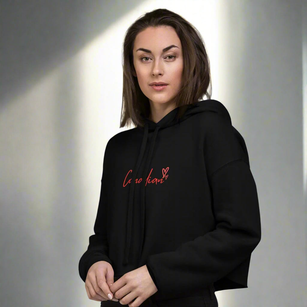 canadian womans cropped hoodies.  empbrodeired canadian with hearts on black cropped hoodie