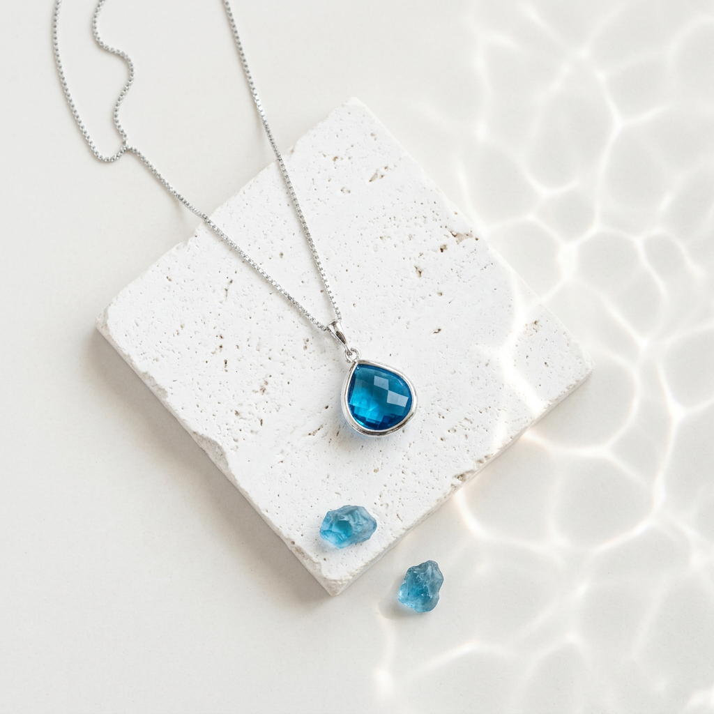 Silver Elegant Pebble necklace with Capri blue faceted glass pendant, ocean-blue glass