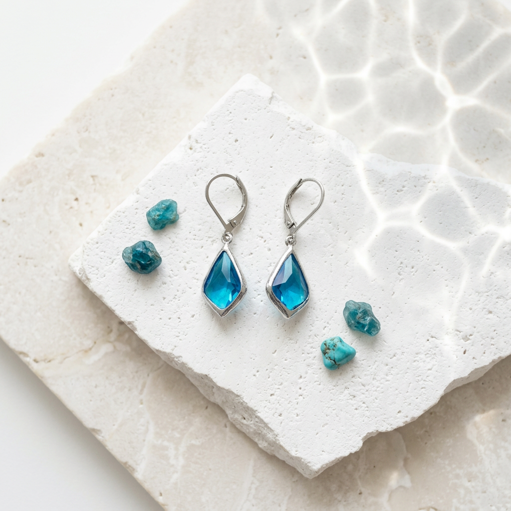 Silver Selene drop earrings with framed Capri blue faceted glass, bright ocean-blue statement drops