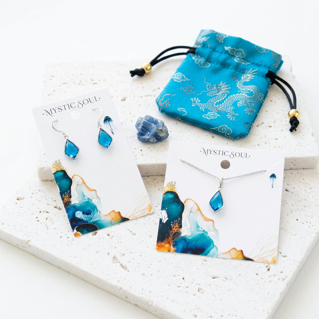 Silver Capri blue Selene necklace and drop earrings in framed faceted glass with gift tag and satin pouch