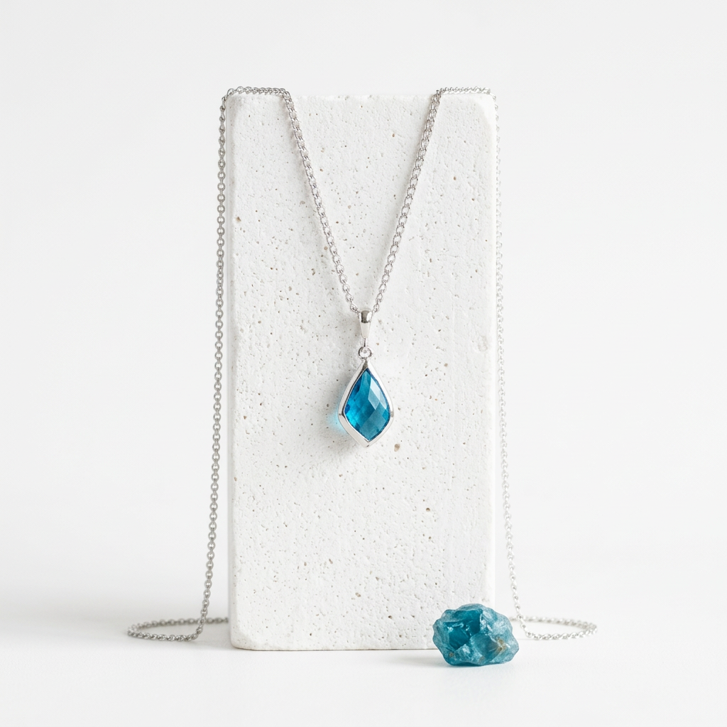 Silver Selene necklace with framed Capri blue faceted glass pendant