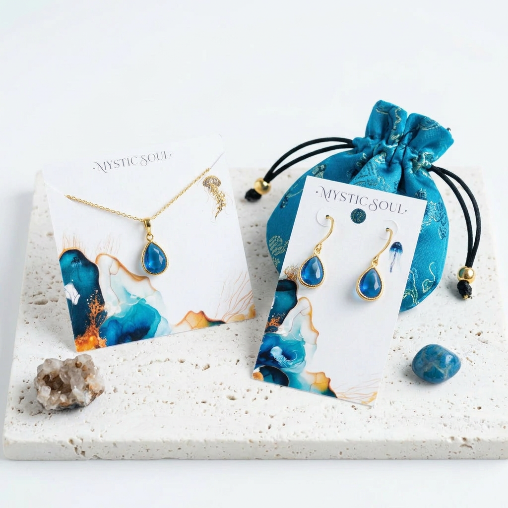 Gold Capri blue faceted glass teardrop necklace and earrings with Mystic Soul gift tag and satin pouch