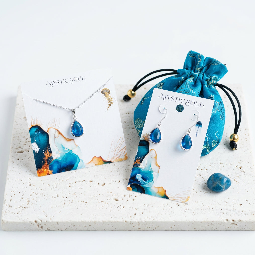 Silver Capri blue faceted glass teardrop necklace and earrings with Mystic Soul gift tag and satin pouch
