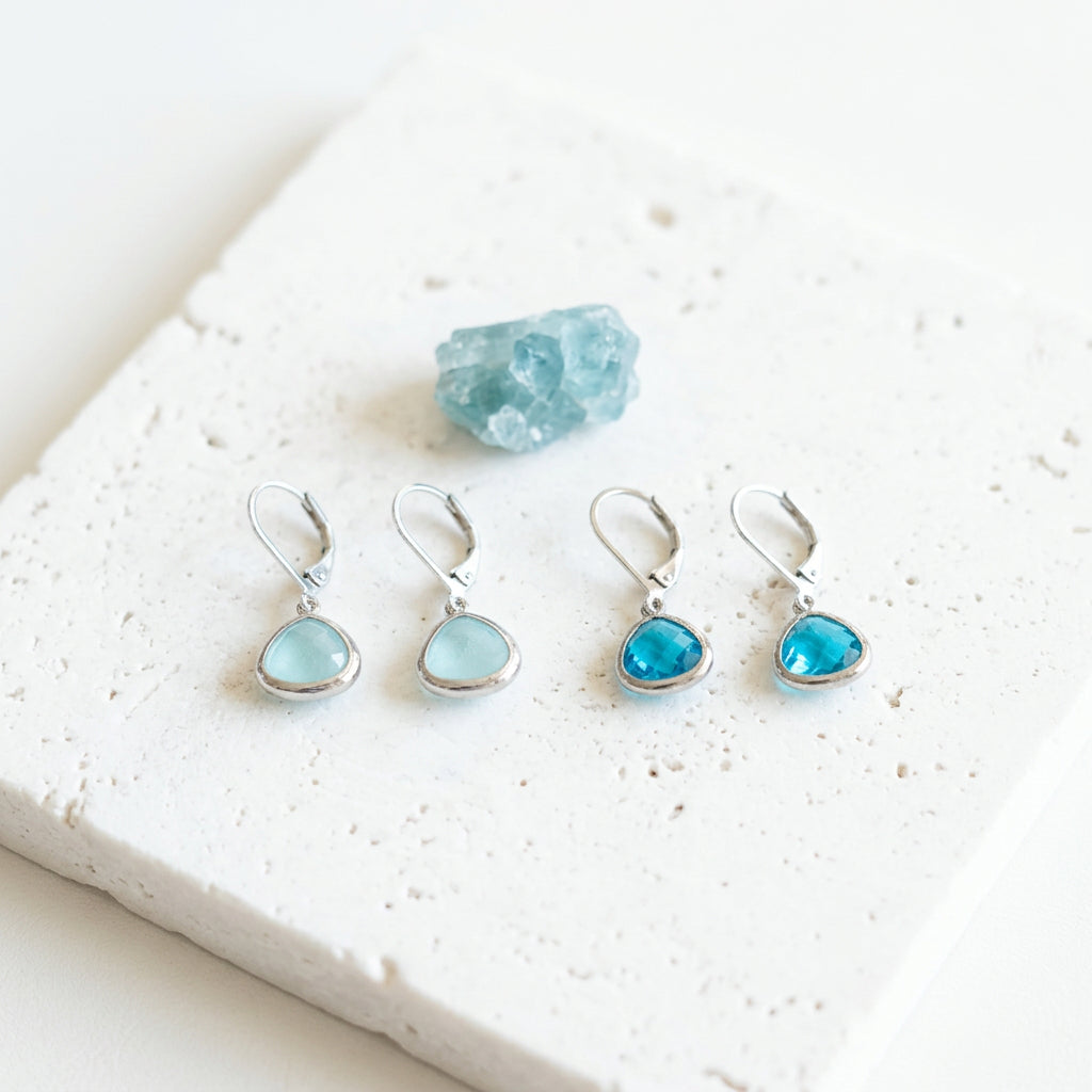 Capri and aqua Petite Pebble earrings in silver side by side for colour comparison