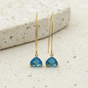 Gold earrings with blue teardrop stones on a beige surface