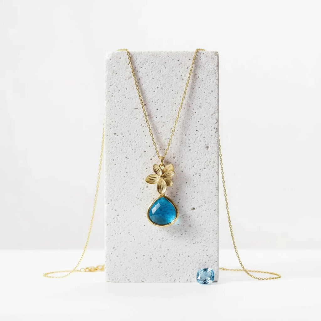 Plumeria Glass Drop Necklace | Aqua, Capri, Emerald, Amethyst | Gold or Silver