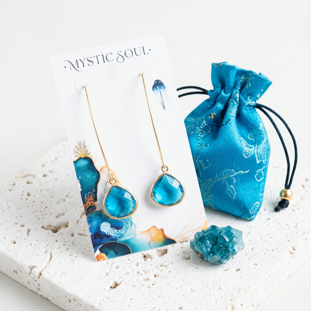 Capri blue glass Elegant Pebble earrings on gold long ear wires with gift pouch and tag
