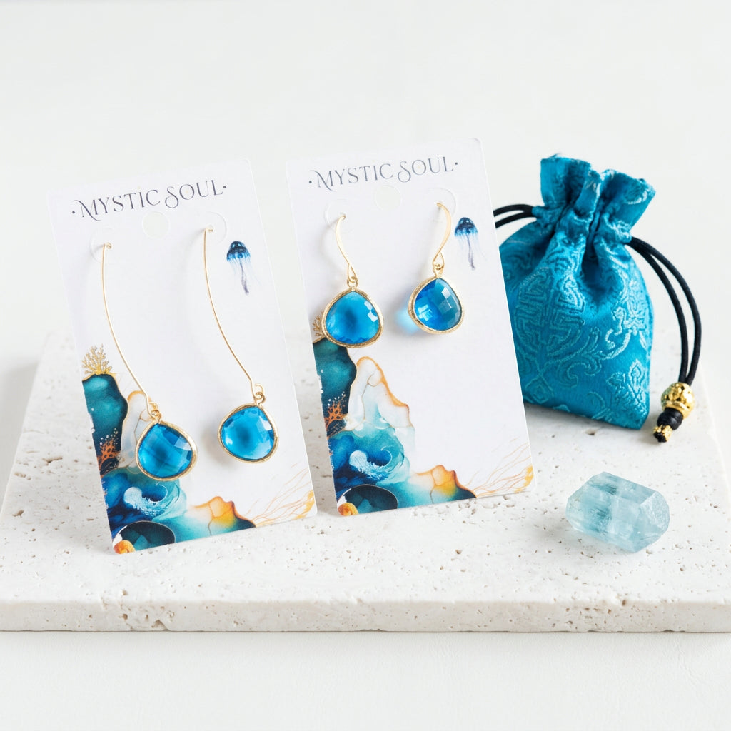 Capri blue glass Elegant Pebble earrings on shepherd's hook and long ear wire with Mystic Soul card and blue gift pouch