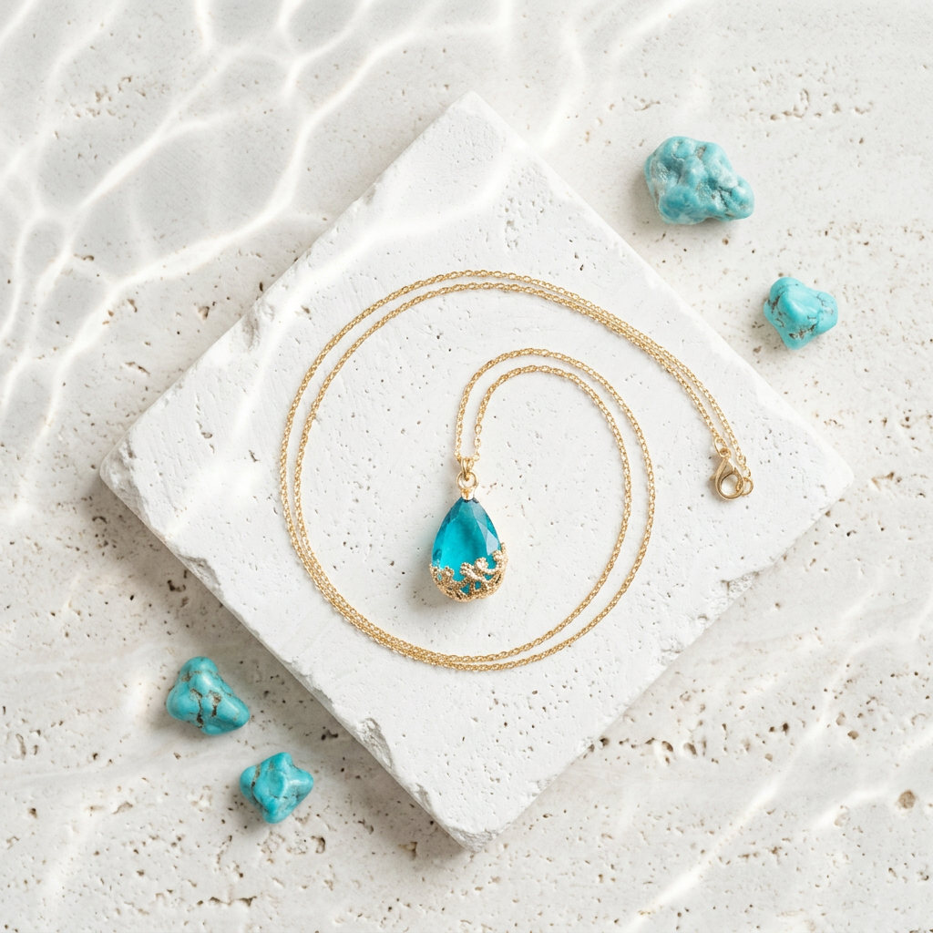 Small gold Flower-Cap necklace with Capri blue glass drop