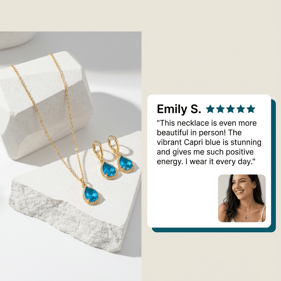 Necklace and earrings with a customer review and product name on a light background