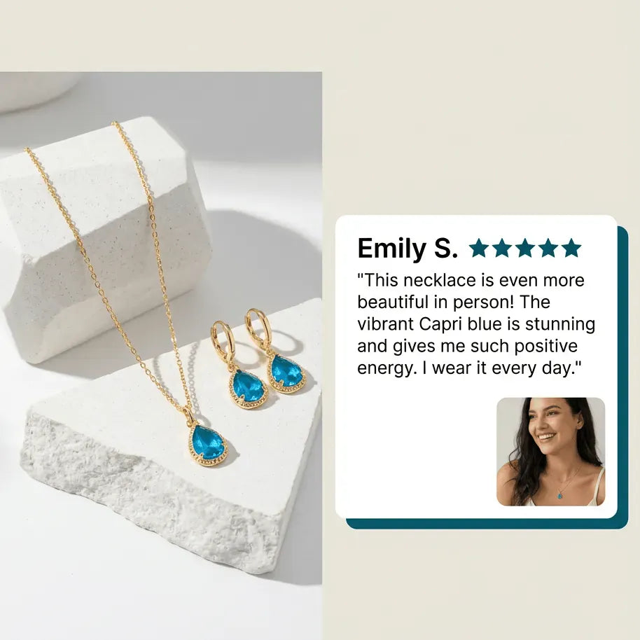 Necklace and earrings with a customer review and product name on a light background