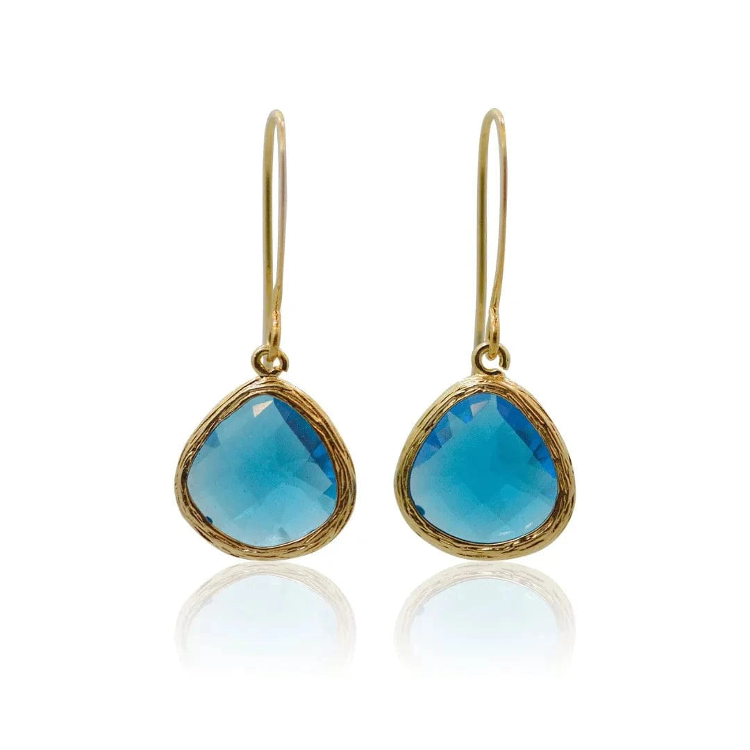 Gold earrings with blue teardrop-shaped stones on a white background