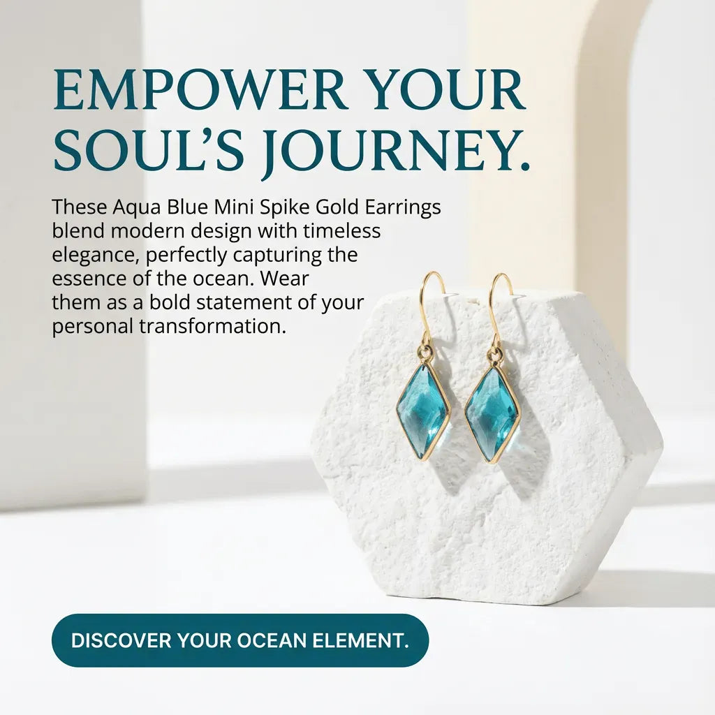 Aqua Blue Mini Spike Gold Earrings on a white stand with promotional text.