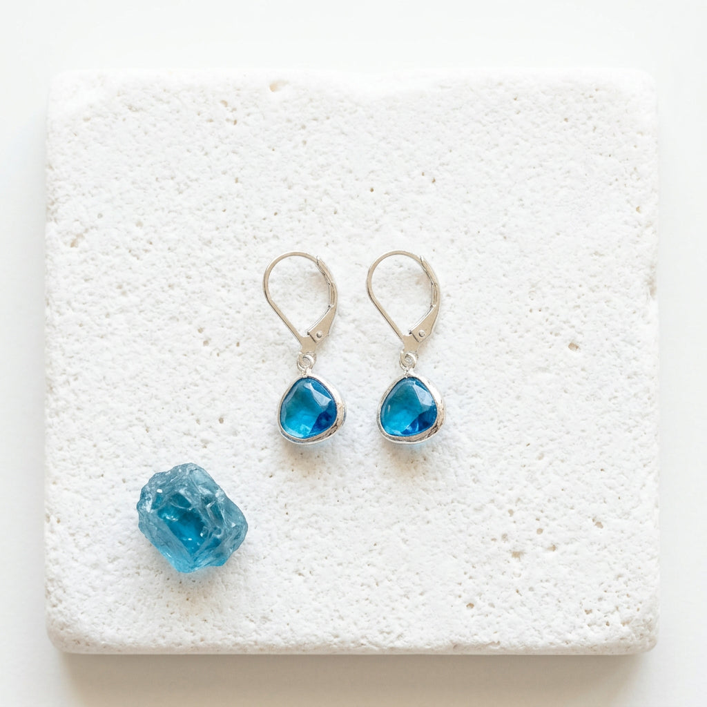 Silver Petite Pebble leverback earrings in Capri blue glass