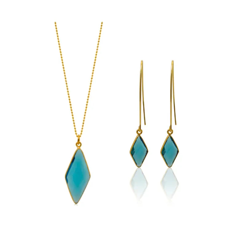Turquoise gemstone earrings and necklace on a white background