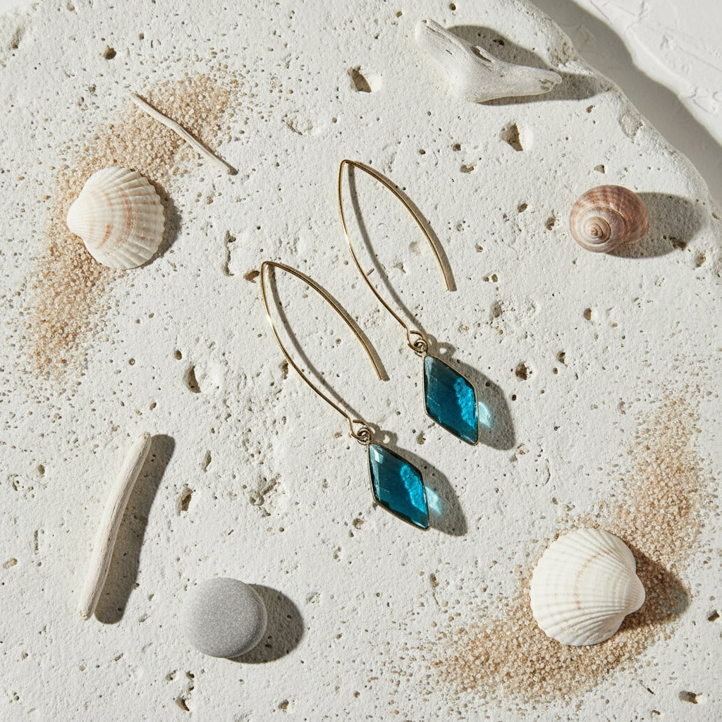 Pair of earrings with blue gemstones on a white background