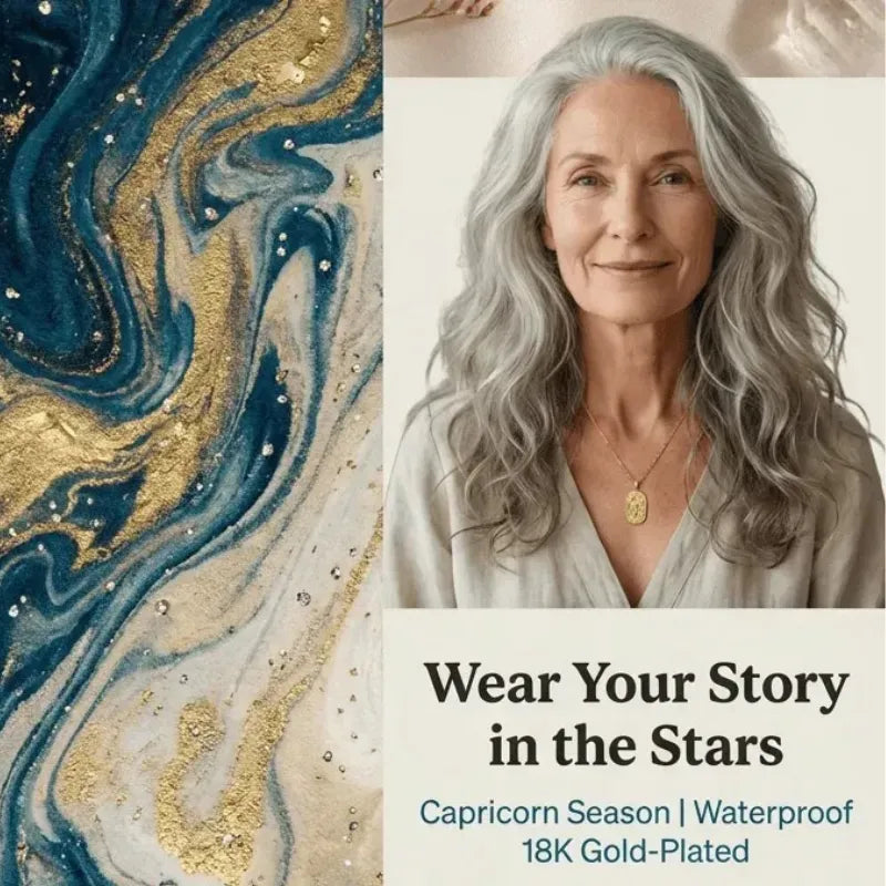 Woman with gray hair and gold necklace against a decorative background with text 'Wear Your Story in the Stars'.