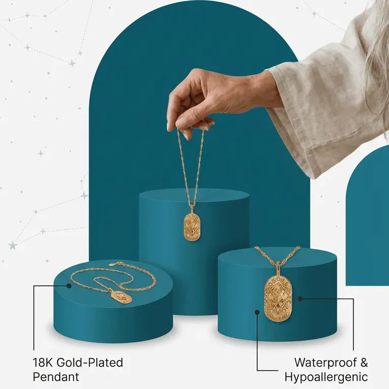 Mystic Soul Jewelry advertisement with hand holding a necklace, teal and blue background.