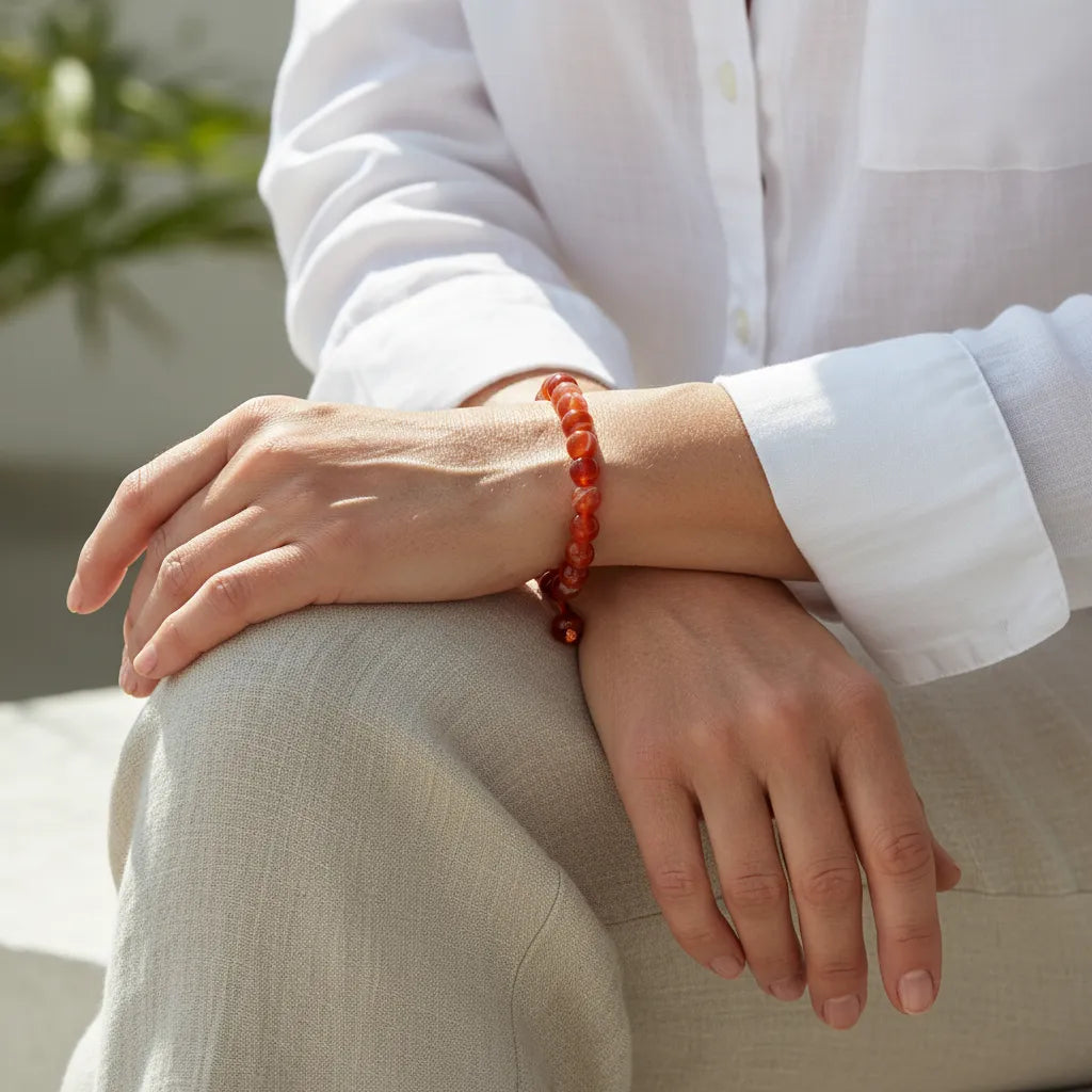 Person wearing a red beaded bracelet on a white shirt and beige pants.