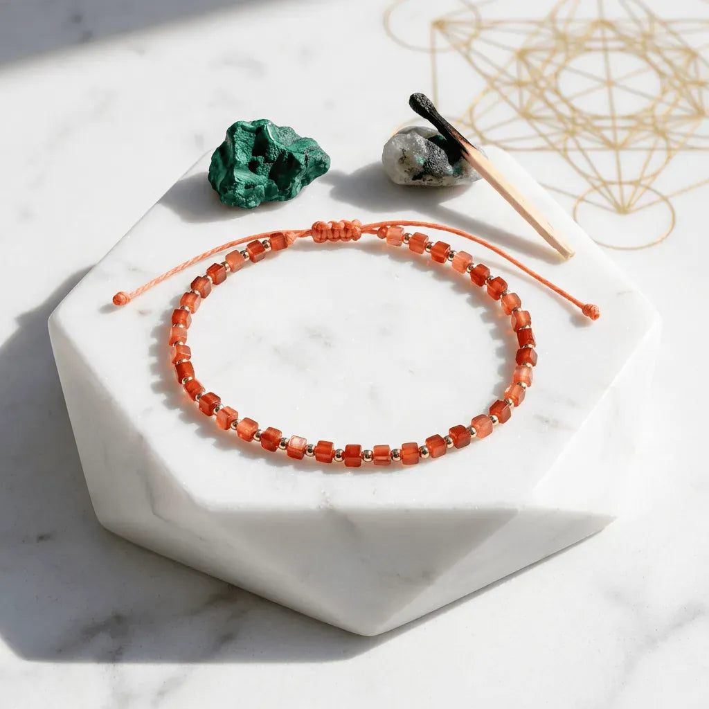 Orange beaded bracelet on a white marble surface with crystals and a crystal stick.