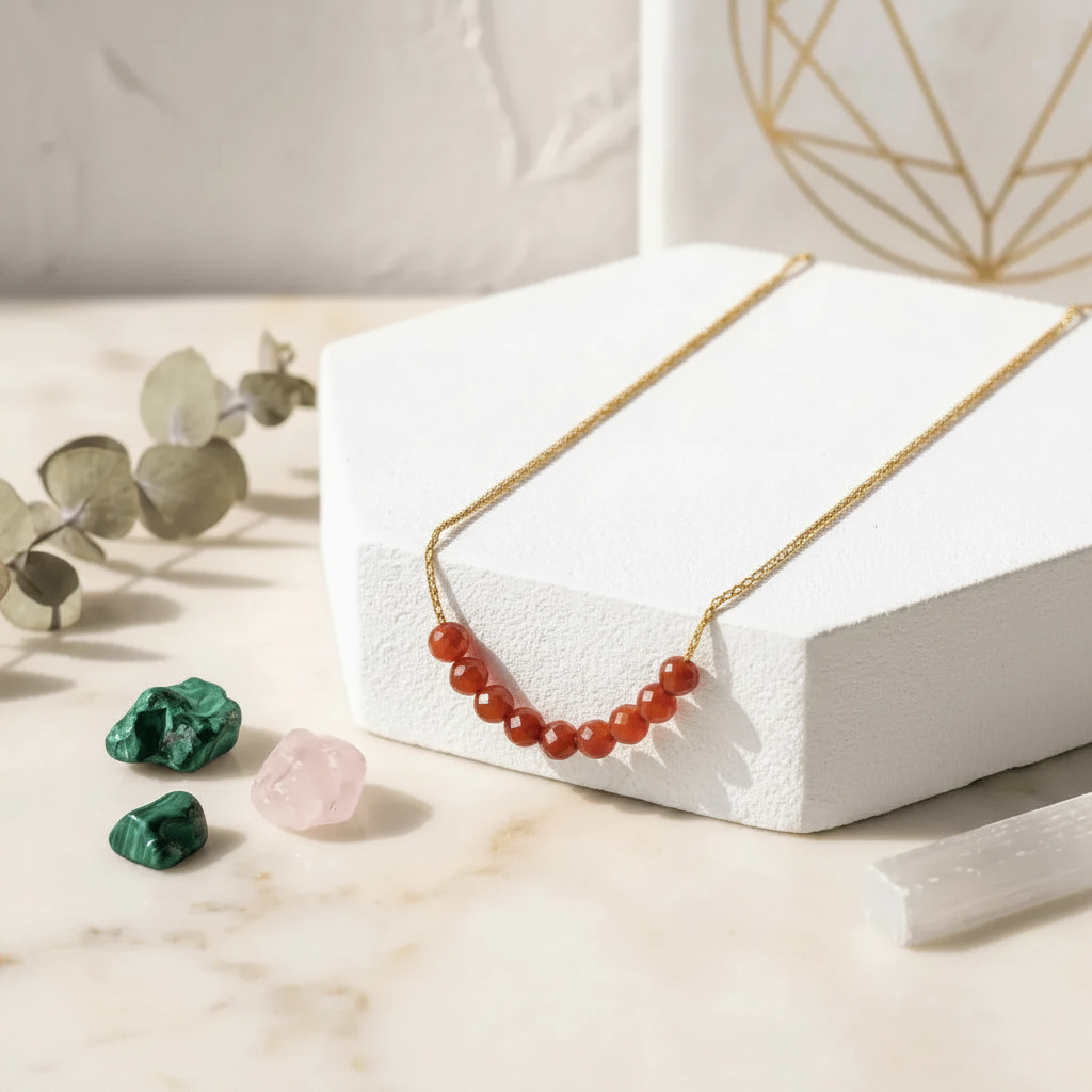 carnelian_necklace_gold beads on a white stand with green and pink stones on a light surface
