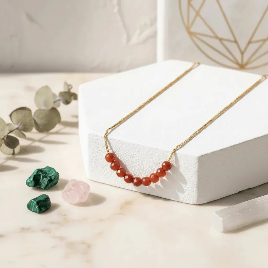 carnelian_necklace_gold beads on a white stand with green and pink stones on a light surface
