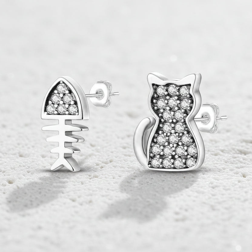 Silver cat and bone stud earrings — keepsake necklace for playful spirit