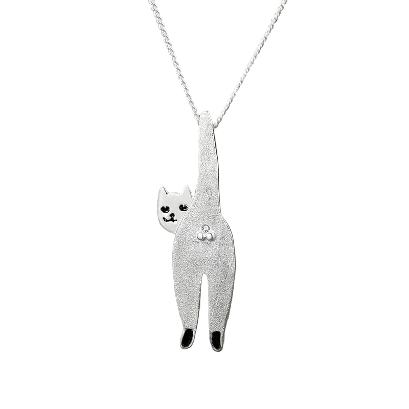 Silver cat-shaped pendant on a chain with 'Lotus Fun' branding against a gray background