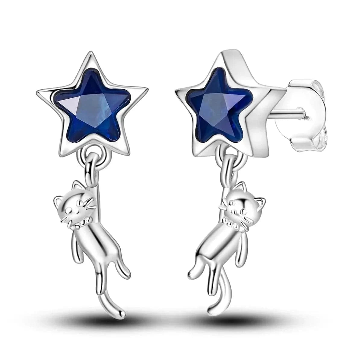 Silver cat earrings with blue star-shaped stones on a white background