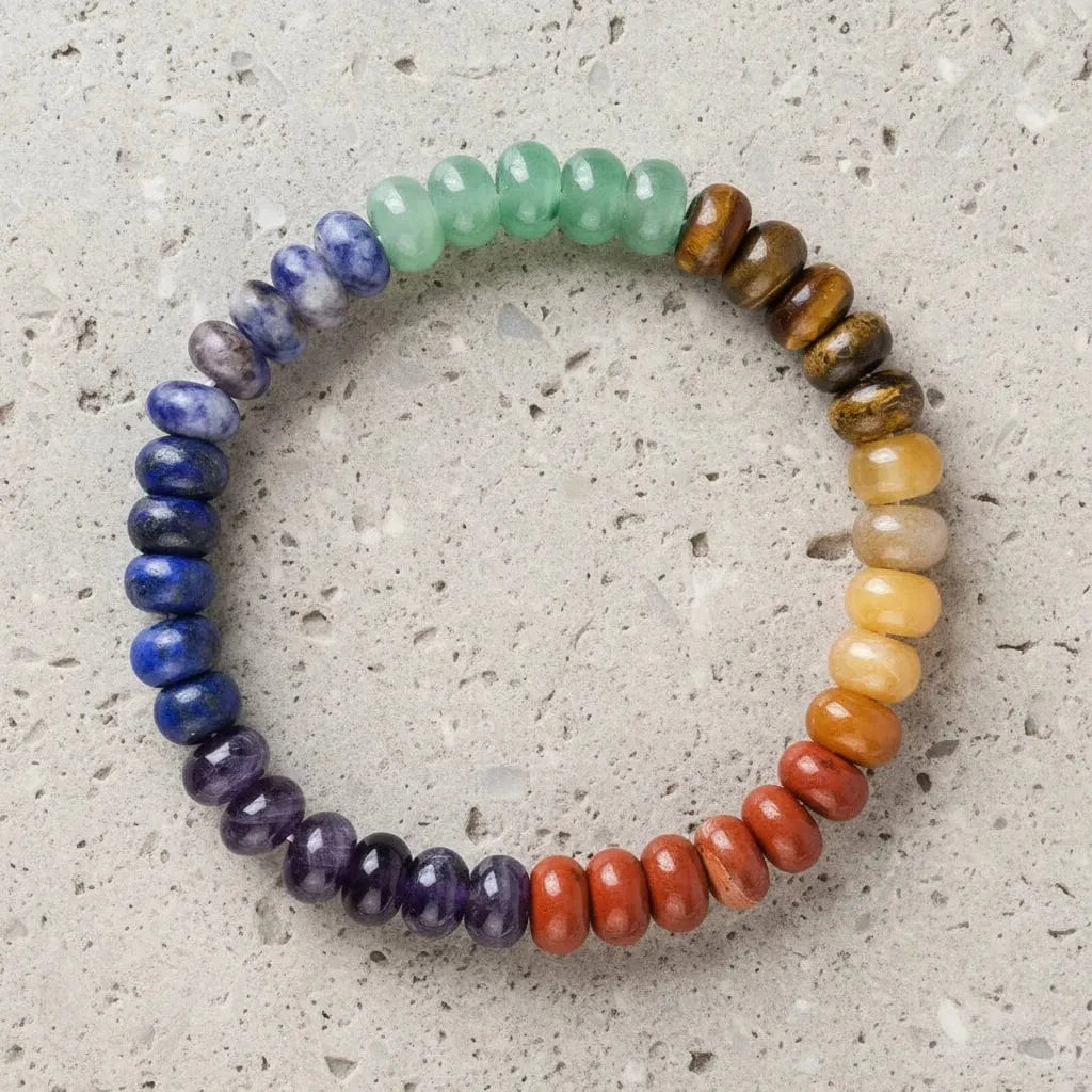 Multicolored beaded bracelet on a textured surface