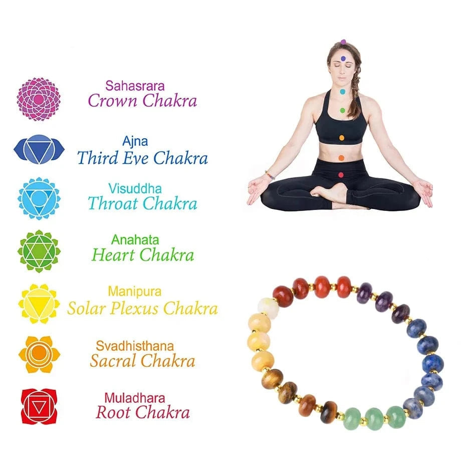 Woman in yoga pose with chakra symbols and bracelet on a white background
