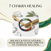 Colorful beaded bracelet on a white surface with text about 7 Chakra Healing.