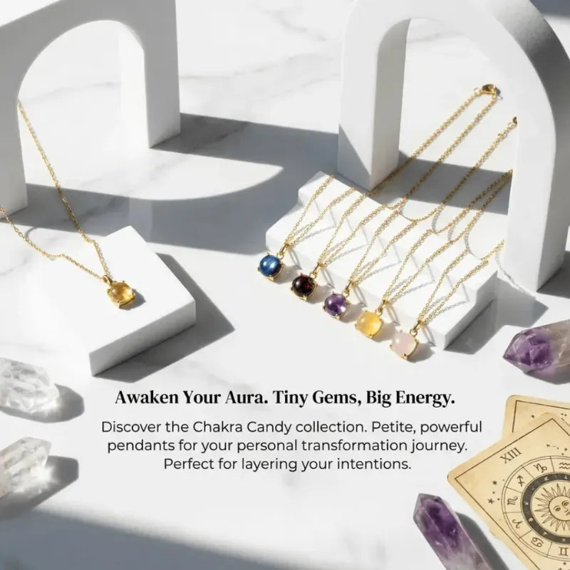 Necklaces with colorful gemstones on a white geometric background with text  