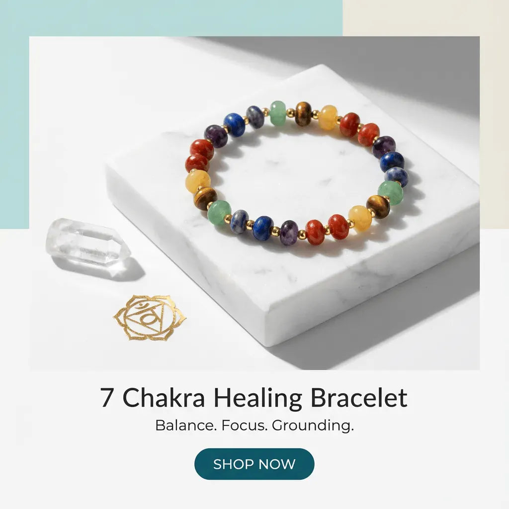 7 Chakra Healing Bracelet on a marble surface with a light blue background