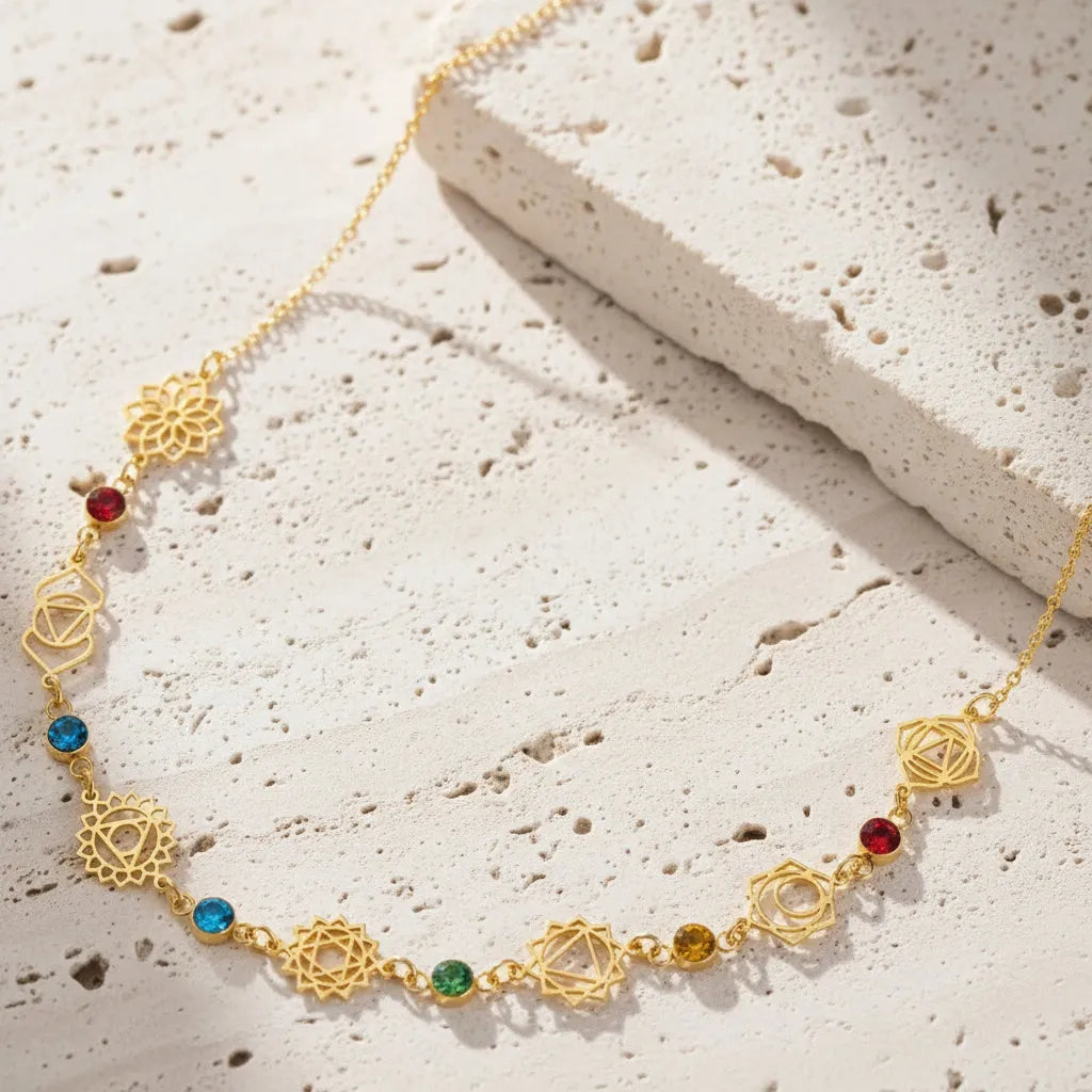 Gold necklace with colorful beads on a light blue fabric background