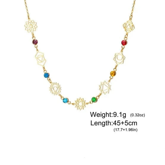 Gold necklace with colored beads on a product information card