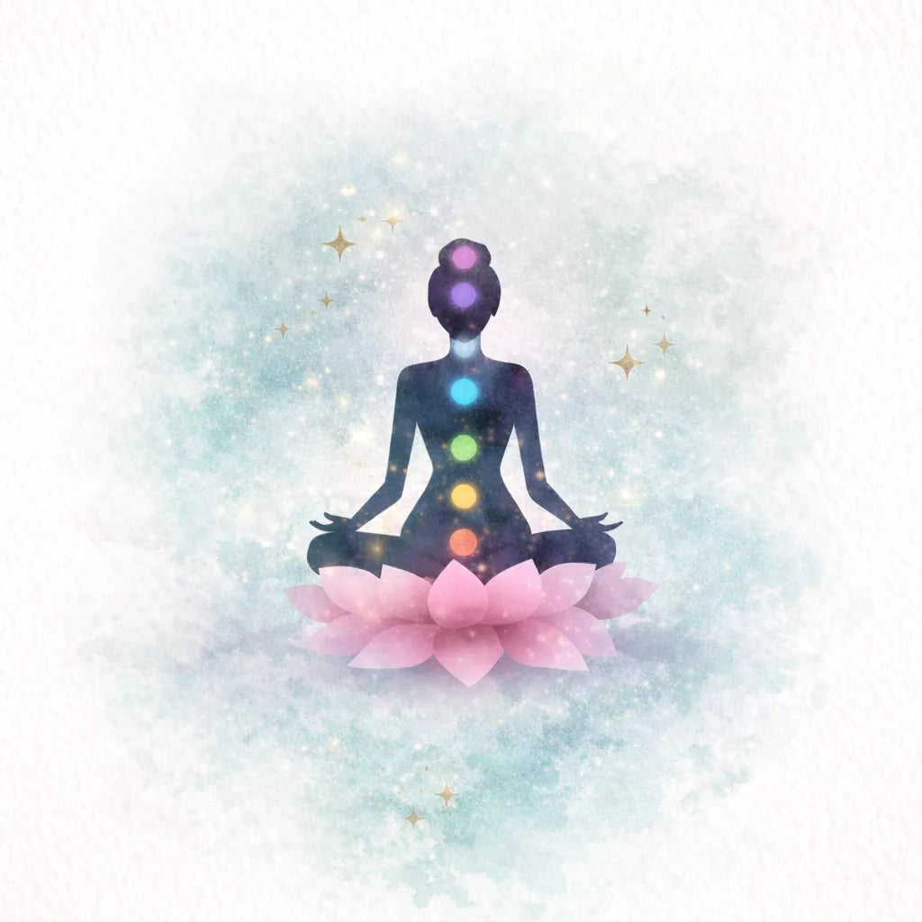 Silhouette of a person meditating on a pink lotus flower with chakra colors against a light blue background.
