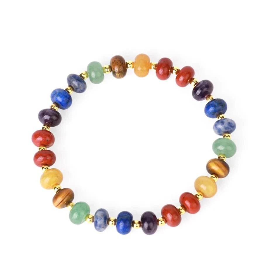 Multicolored beaded bracelet with gold accents on a white background