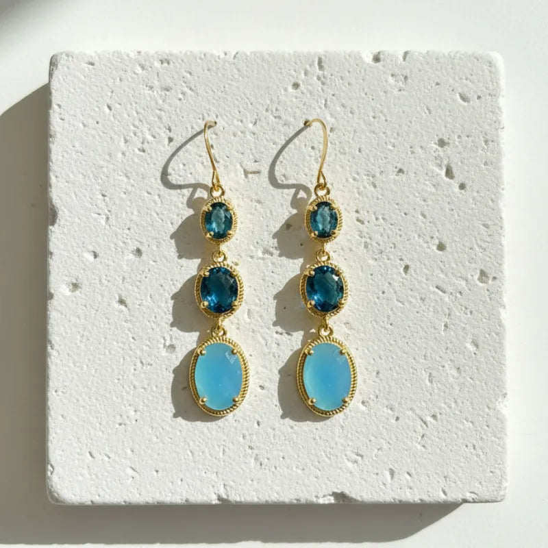 gold blue chalcedony and Swiss blue topaz drop earrings — one-of-a-kind crystal jewelry for calm