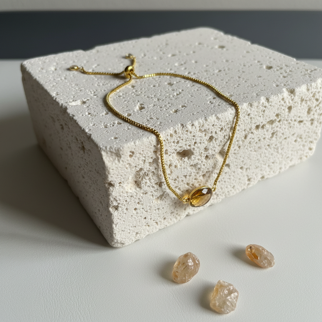 Faceted citrine oval bezel set in gold plate, close detail — November birthstone bracelet
