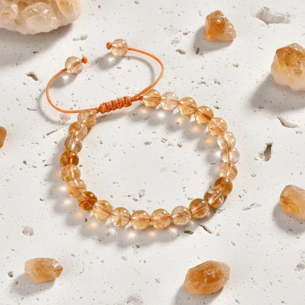 Beaded bracelet with orange beads on a light surface with scattered orange stones